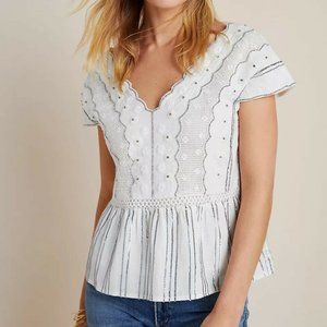Anthropologie Amalia White Beaded Sequin Embroidered Peplum Top Size Medium